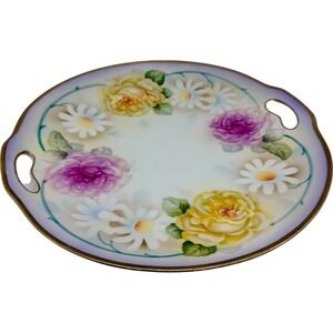 Prov Saxe ES Germany Porcelain Floral Cake Plate Hand Painted Handles Vintage
